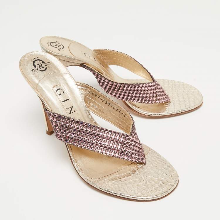 Pre Owned Gina Gold Leather Crystal Embellished Thong Sandals Size 38
