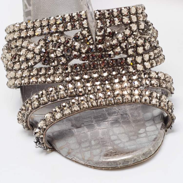 Pre Owned Gina Metallic Grey Crystal Embellished Leather Slide Sandals Size 37.5