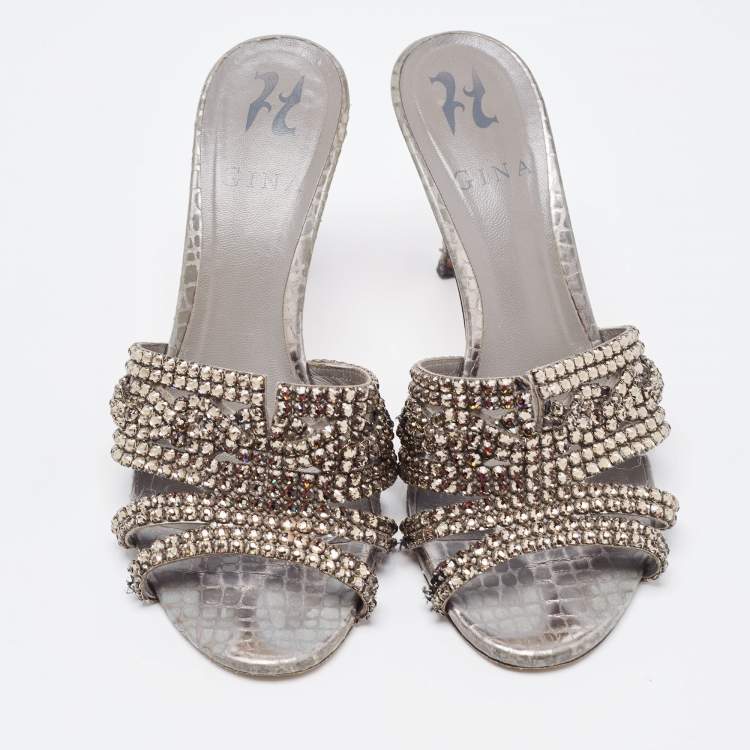 Pre Owned Gina Metallic Grey Crystal Embellished Leather Slide Sandals Size 37.5