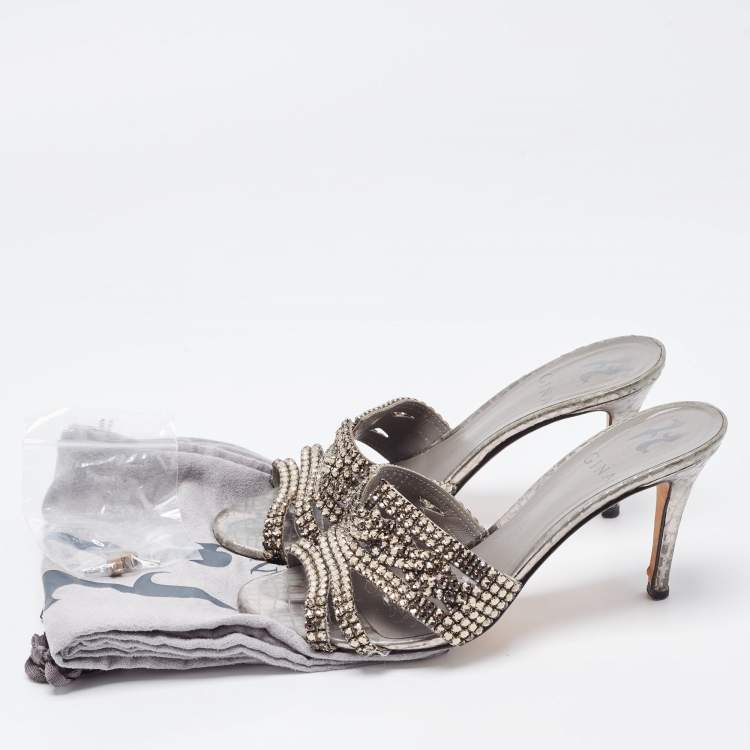 Pre Owned Gina Metallic Grey Crystal Embellished Leather Slide Sandals Size 37.5