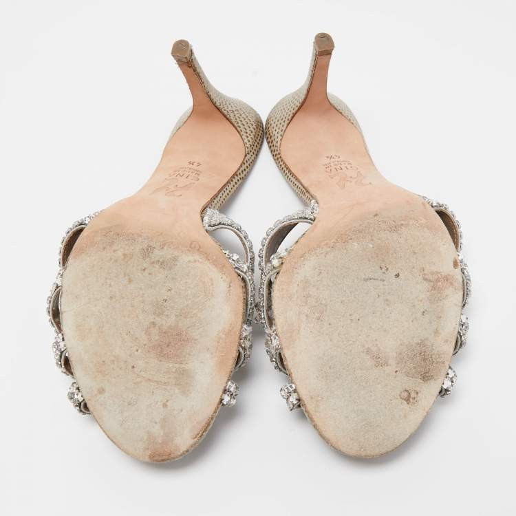 مملوكة مسبقًا Gina Silver Crystal Embellished Leather Slide Sandals Size 37.5