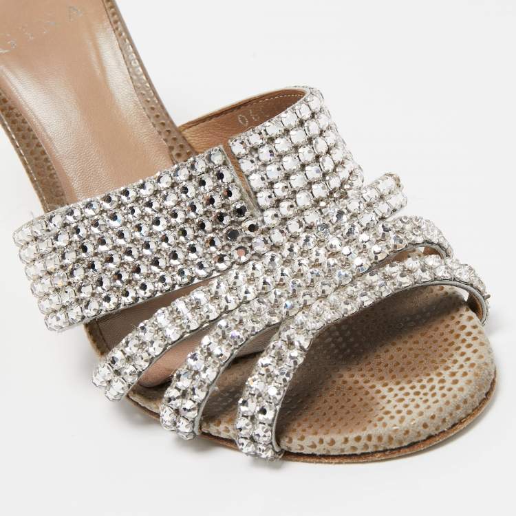 مملوكة مسبقًا Gina Silver Crystal Embellished Leather Slide Sandals Size 37.5