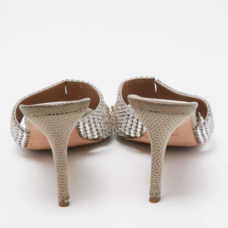 مملوكة مسبقًا Gina Silver Crystal Embellished Leather Slide Sandals Size 37.5