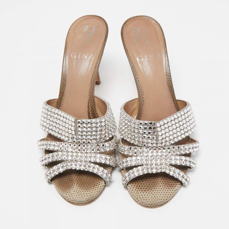 مملوكة مسبقًا Gina Silver Crystal Embellished Leather Slide Sandals Size 37.5