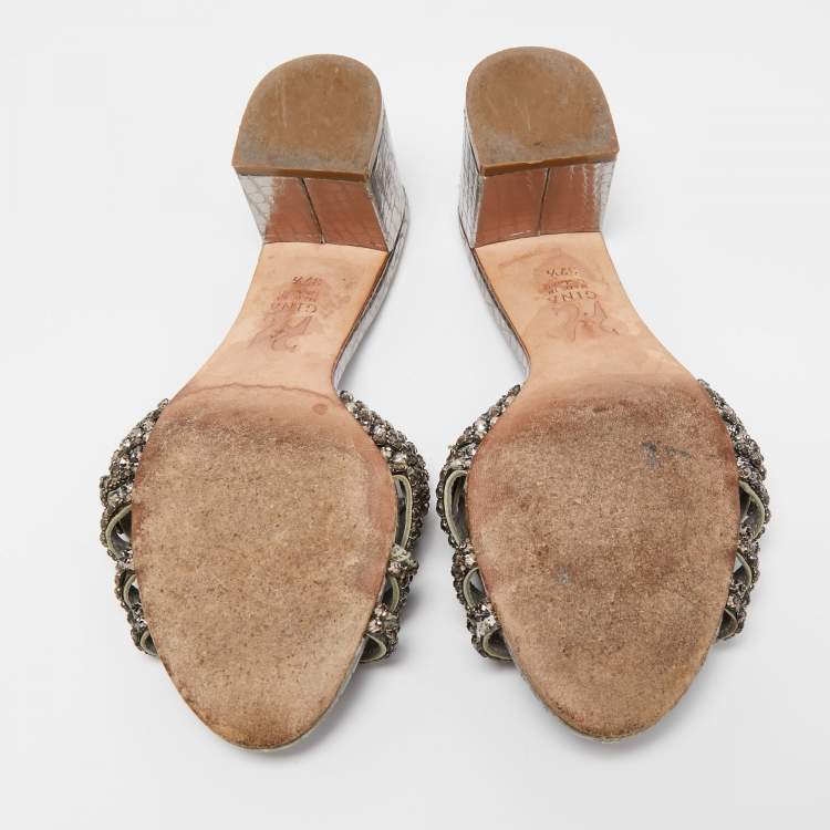 Pre Owned Gina Metallic Grey Crystal Embellished Leather Slide Sandals Size 37.5