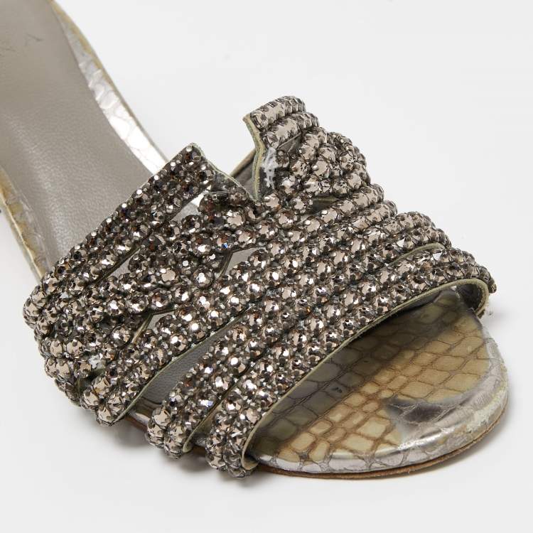 Pre Owned Gina Metallic Grey Crystal Embellished Leather Slide Sandals Size 37.5