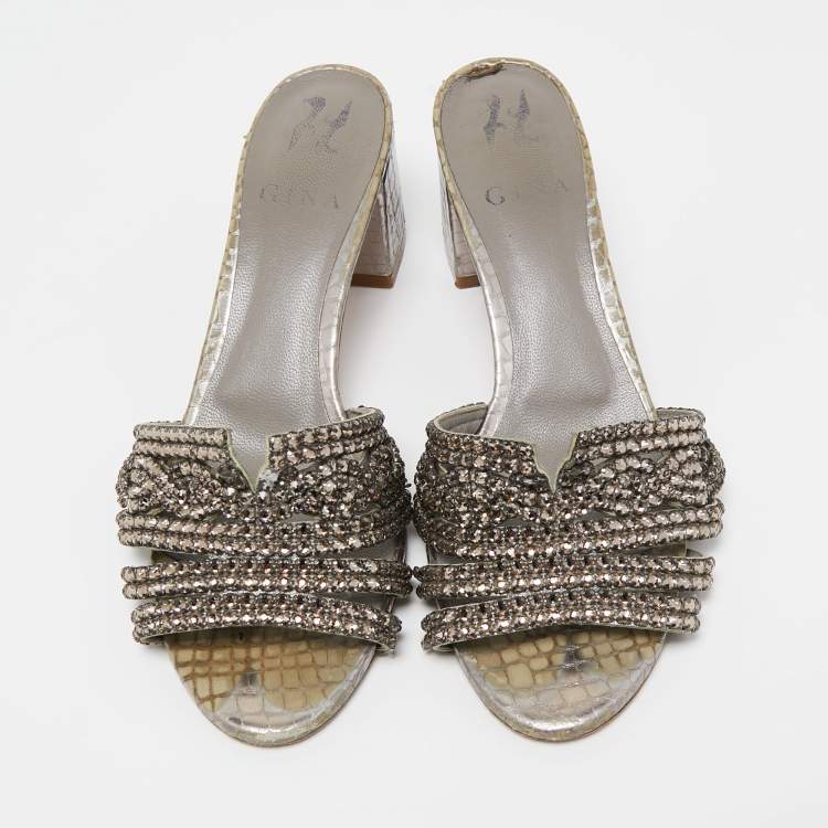 Pre Owned Gina Metallic Grey Crystal Embellished Leather Slide Sandals Size 37.5