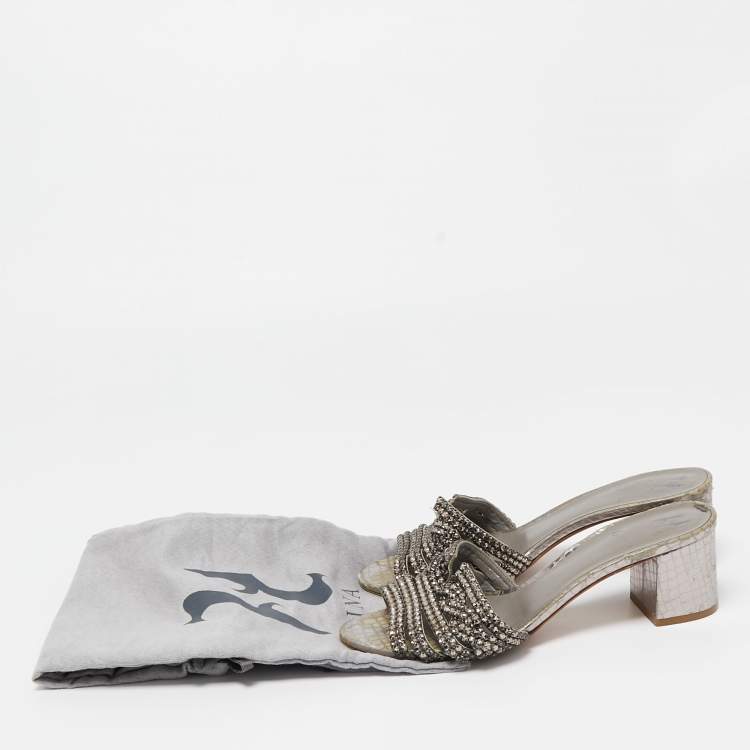 Pre Owned Gina Metallic Grey Crystal Embellished Leather Slide Sandals Size 37.5