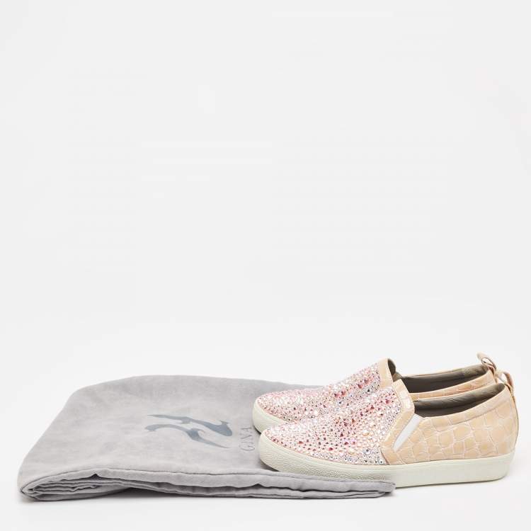 Pre Owned Gina Pink/Beige Crystal Embellished Satin and Croc Embossed Leather Slip On Sneakers Size 39