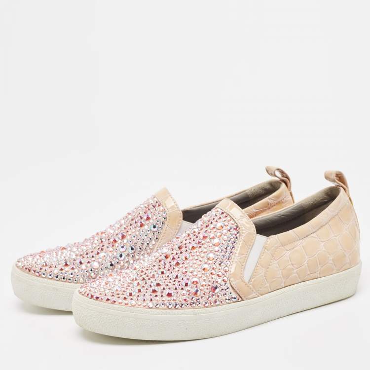 Pre Owned Gina Pink/Beige Crystal Embellished Satin and Croc Embossed Leather Slip On Sneakers Size 39