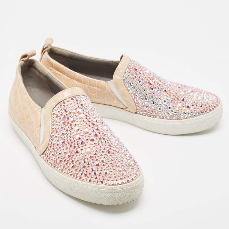 Pre Owned Gina Pink/Beige Crystal Embellished Satin and Croc Embossed Leather Slip On Sneakers Size 39
