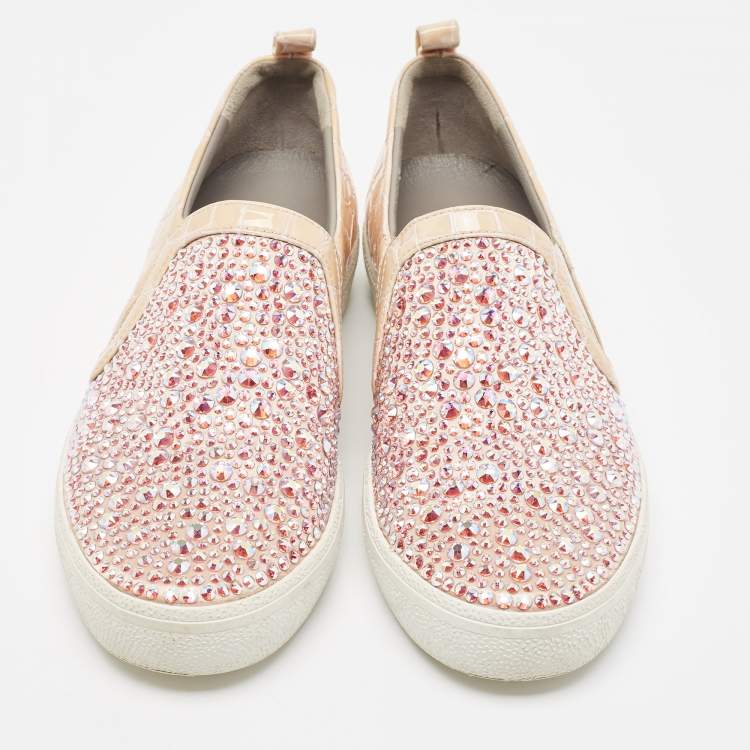 Pre Owned Gina Pink/Beige Crystal Embellished Satin and Croc Embossed Leather Slip On Sneakers Size 39