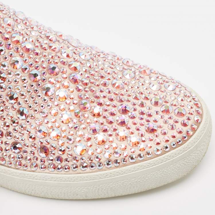 Pre Owned Gina Pink/Beige Crystal Embellished Satin and Croc Embossed Leather Slip On Sneakers Size 39