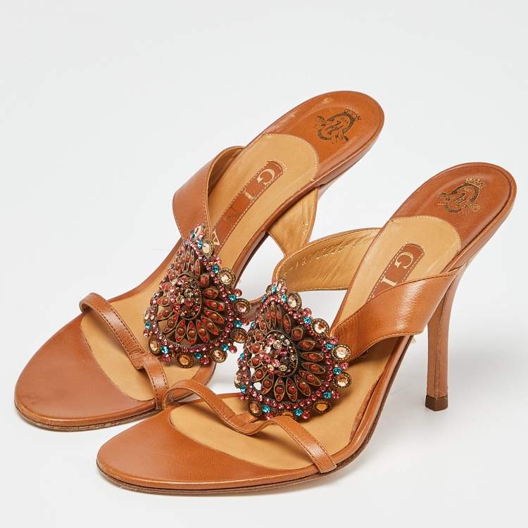 Pre Owned Gina Tan Leather Crystal Embellished Slide Sandals Size 38.5