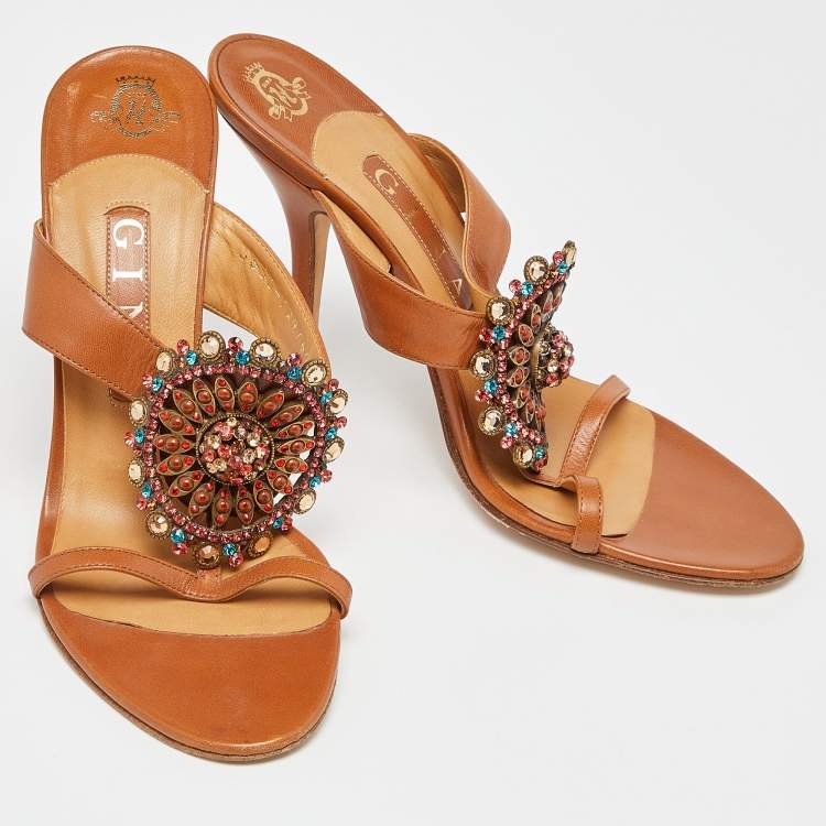 Pre Owned Gina Tan Leather Crystal Embellished Slide Sandals Size 38.5