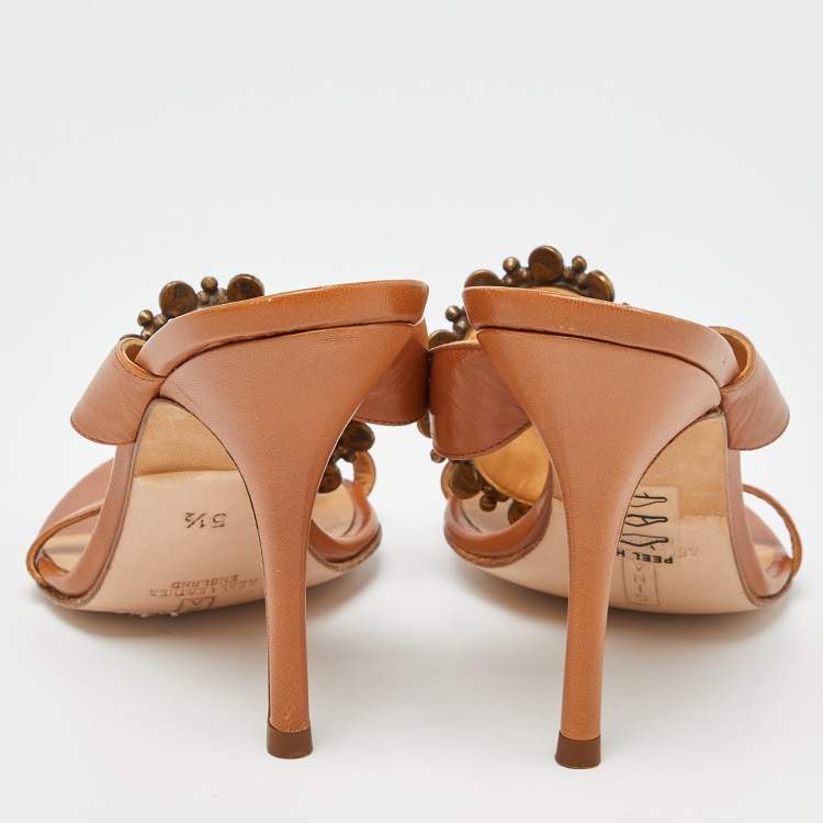 Pre Owned Gina Tan Leather Crystal Embellished Slide Sandals Size 38.5