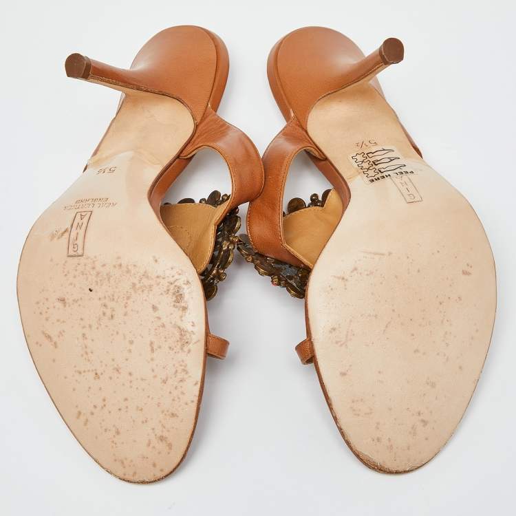 Pre Owned Gina Tan Leather Crystal Embellished Slide Sandals Size 38.5