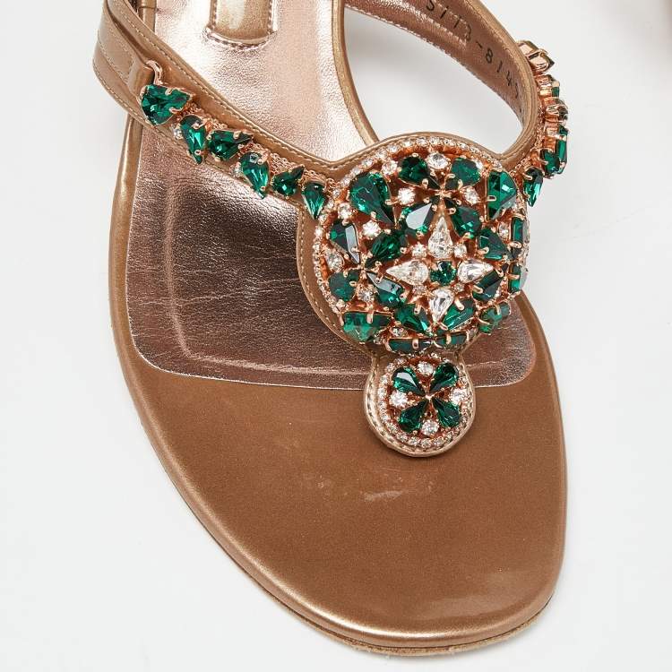 Pre Owned Gina Brown Patent Leather Crystal Embellished Thong Slide Sandals Size 38.5