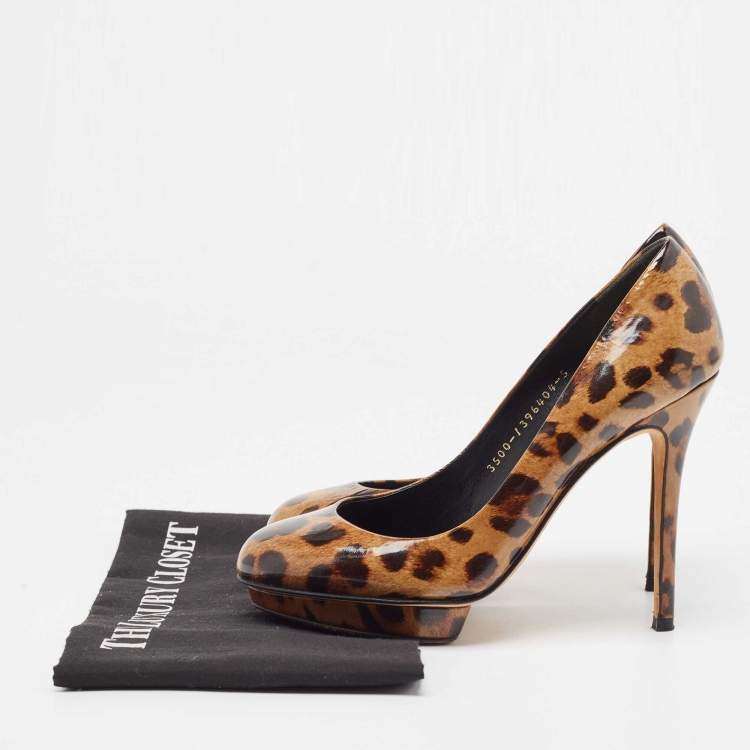 Pre Owned Gina Brown/Beige Leopard Print Patent Round Toe Pumps Size 38 