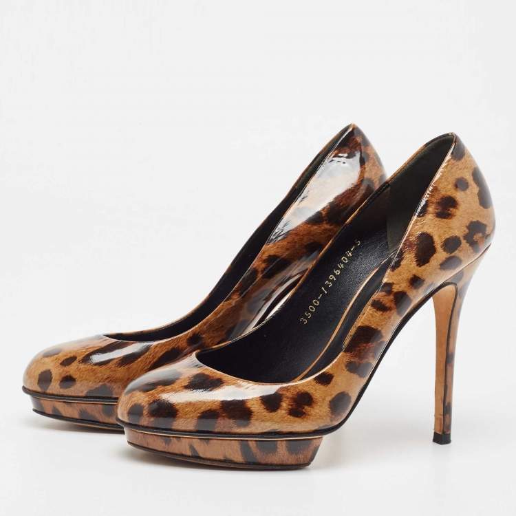 Pre Owned Gina Brown/Beige Leopard Print Patent Round Toe Pumps Size 38 