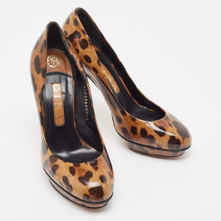 Pre Owned Gina Brown/Beige Leopard Print Patent Round Toe Pumps Size 38 