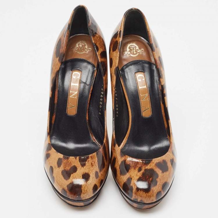 Pre Owned Gina Brown/Beige Leopard Print Patent Round Toe Pumps Size 38 