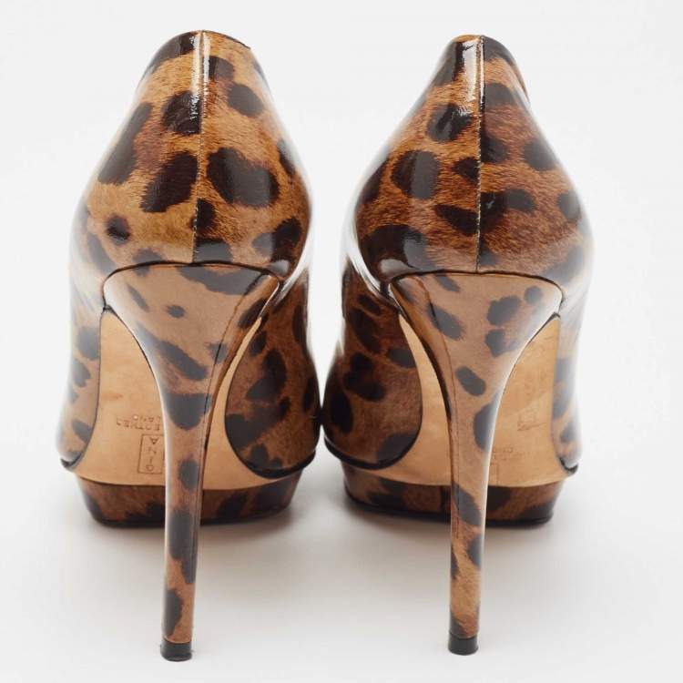 Pre Owned Gina Brown/Beige Leopard Print Patent Round Toe Pumps Size 38 