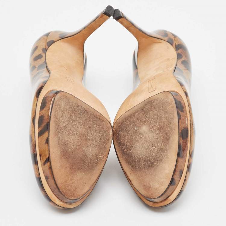 Pre Owned Gina Brown/Beige Leopard Print Patent Round Toe Pumps Size 38 