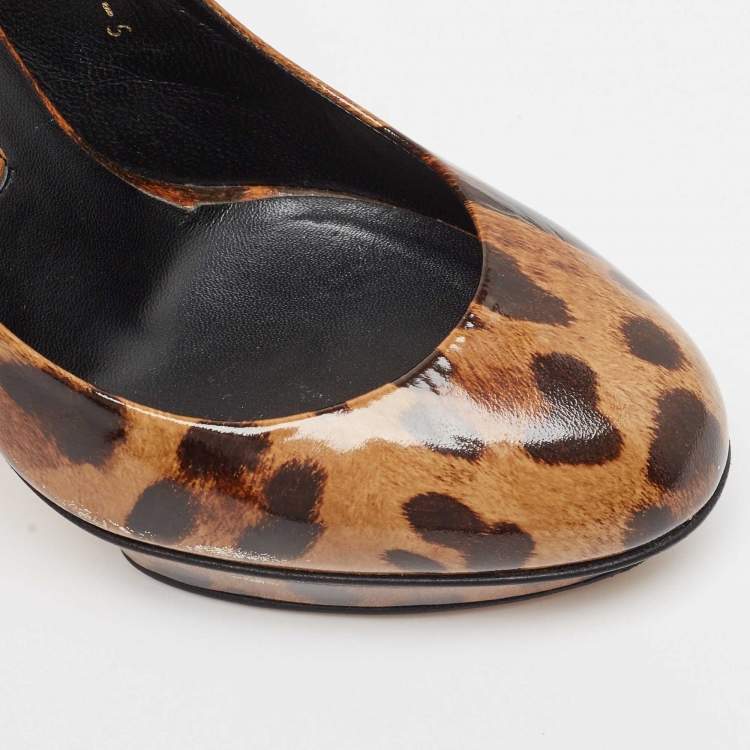 Pre Owned Gina Brown/Beige Leopard Print Patent Round Toe Pumps Size 38 
