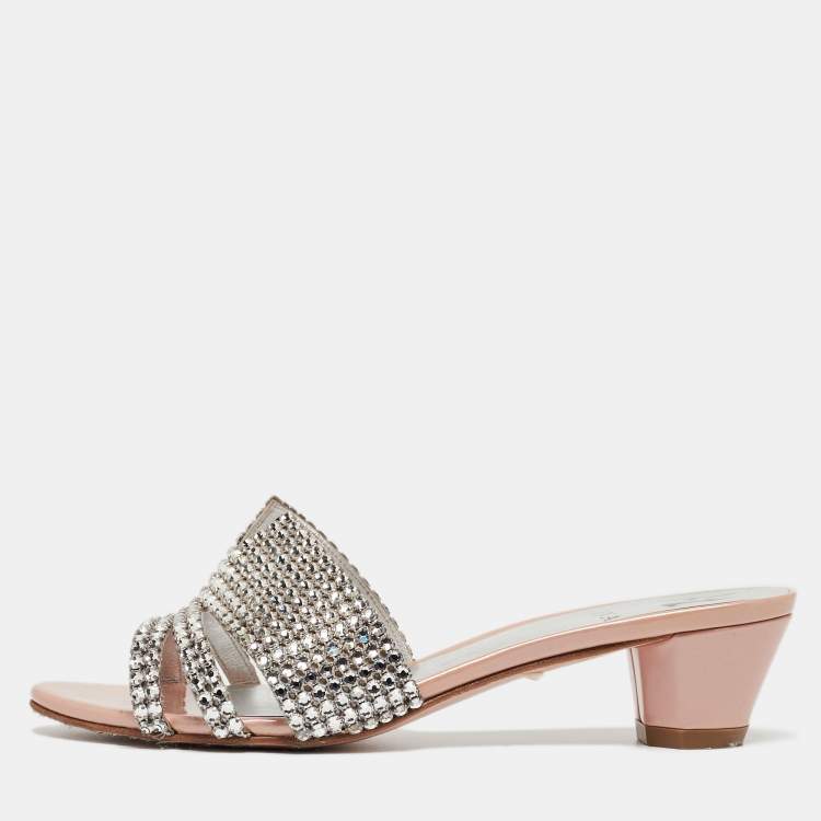 Pre Owned Gina Silver/Pink Crystal Embellished Leather Slides Sandals Size 37.5