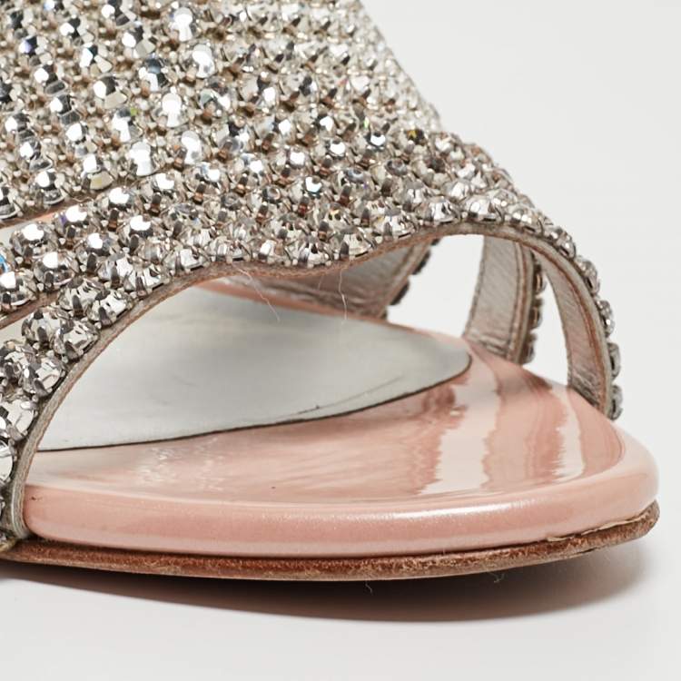 Pre Owned Gina Silver/Pink Crystal Embellished Leather Slides Sandals Size 37.5