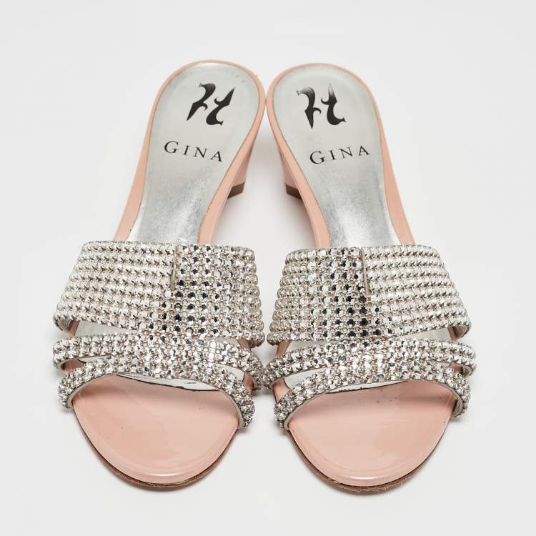 Pre Owned Gina Silver/Pink Crystal Embellished Leather Slides Sandals Size 37.5