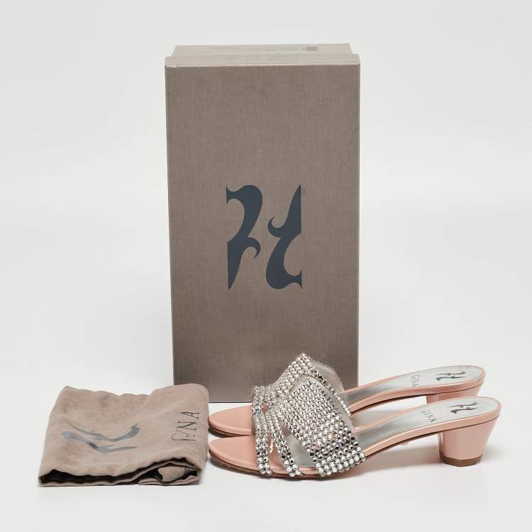 Pre Owned Gina Silver/Pink Crystal Embellished Leather Slides Sandals Size 37.5