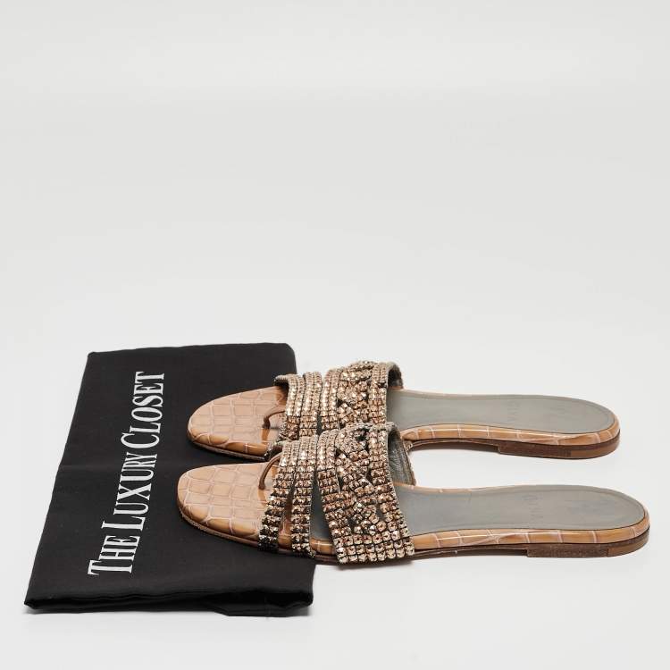 Pre Owned Gina Gold Croc Embossed Leather and Leather Crystal Embellished Flat Slides Size 38.5   