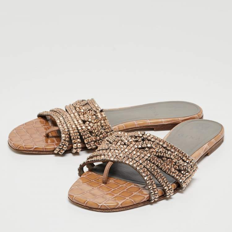 Pre Owned Gina Gold Croc Embossed Leather and Leather Crystal Embellished Flat Slides Size 38.5   