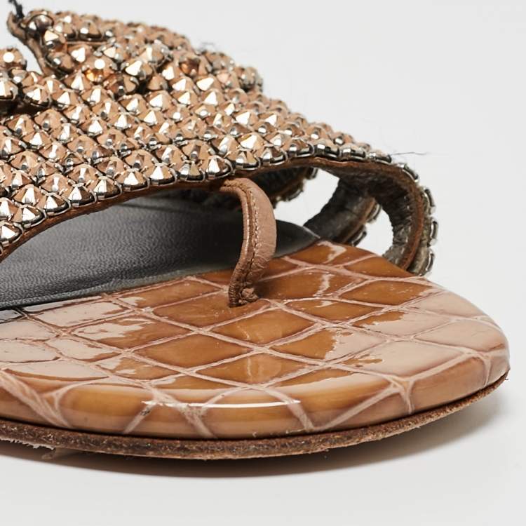 Pre Owned Gina Gold Croc Embossed Leather and Leather Crystal Embellished Flat Slides Size 38.5   