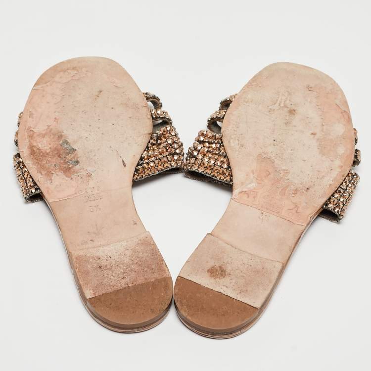 Pre Owned Gina Gold Croc Embossed Leather and Leather Crystal Embellished Flat Slides Size 38.5   