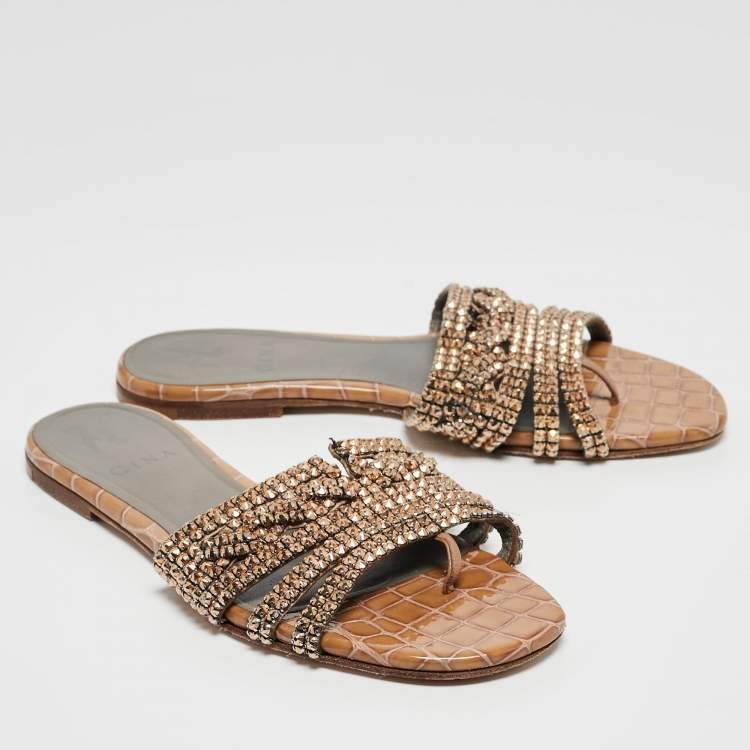 Pre Owned Gina Gold Croc Embossed Leather and Leather Crystal Embellished Flat Slides Size 38.5   