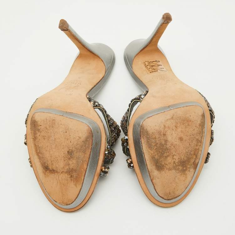 Pre Owned Gina Silver Crystal Embellished Leather Slide Sandals Size 38