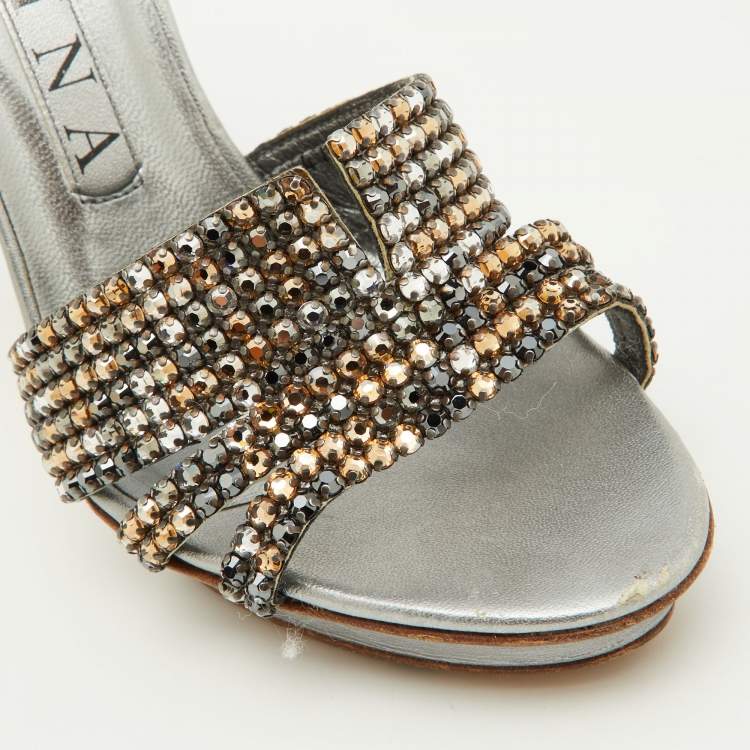 Pre Owned Gina Silver Crystal Embellished Leather Slide Sandals Size 38