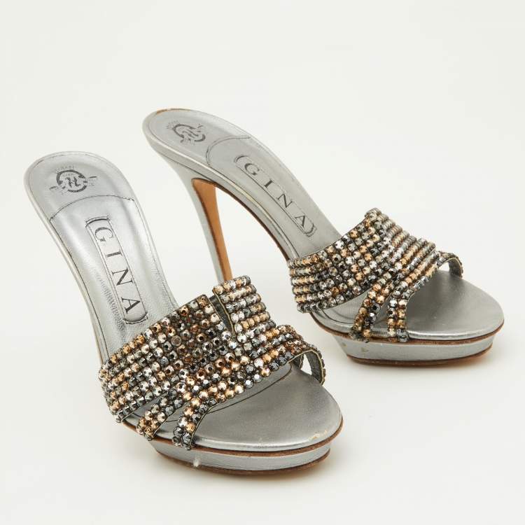 Pre Owned Gina Silver Crystal Embellished Leather Slide Sandals Size 38