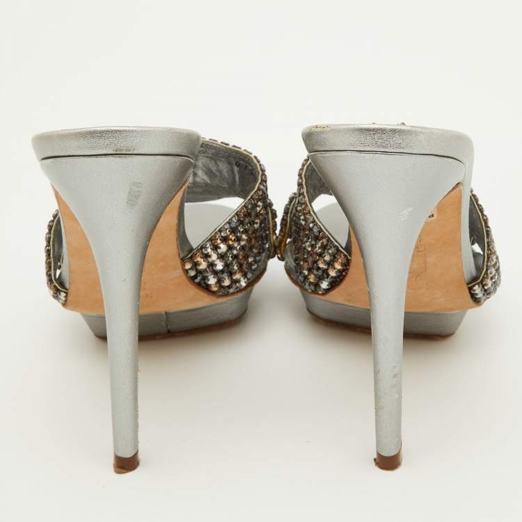 Pre Owned Gina Silver Crystal Embellished Leather Slide Sandals Size 38
