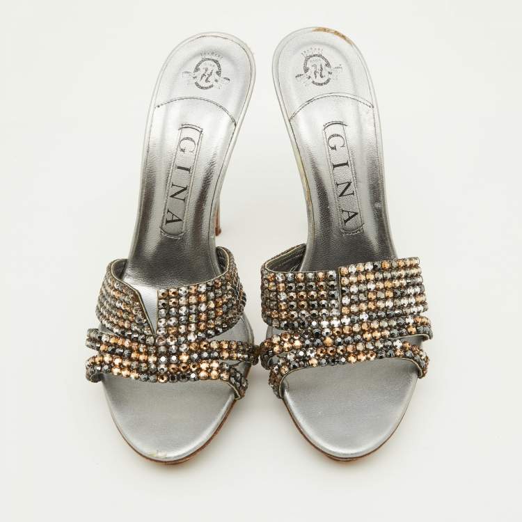 Pre Owned Gina Silver Crystal Embellished Leather Slide Sandals Size 38