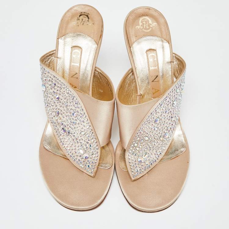 Pre Owned Gina Beige Satin Crystal Embellished Thong Sandals Size 39
