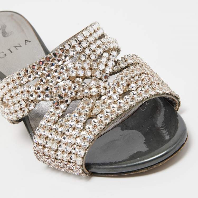مملوكة مسبقًا Gina Silver/Grey Crystal Embellished Leather Slide Sandals Size 36.5