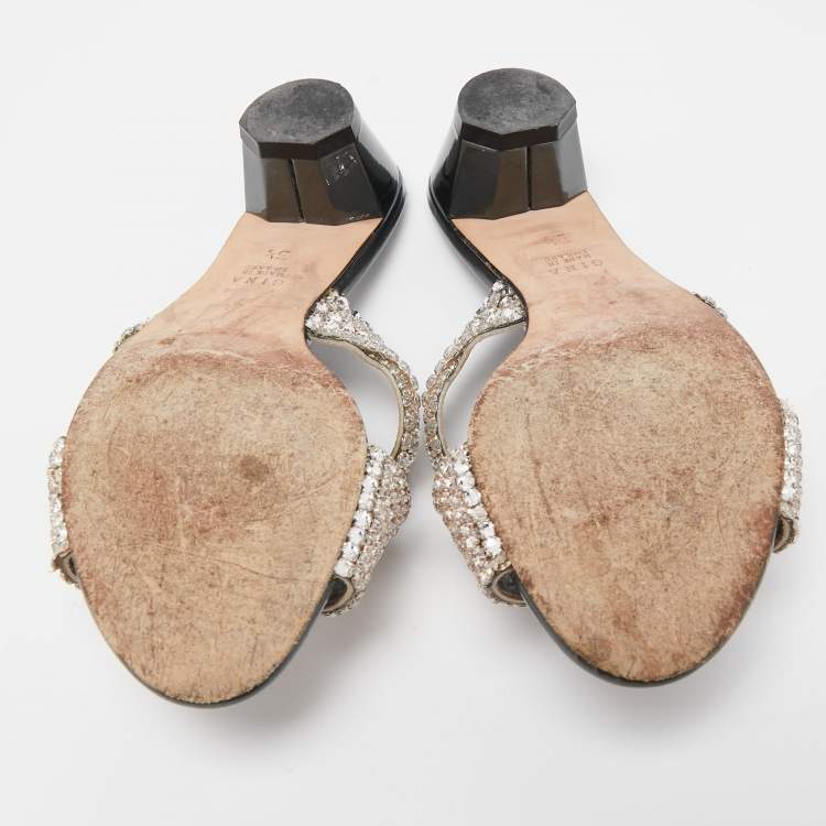 مملوكة مسبقًا Gina Silver/Grey Crystal Embellished Leather Slide Sandals Size 36.5