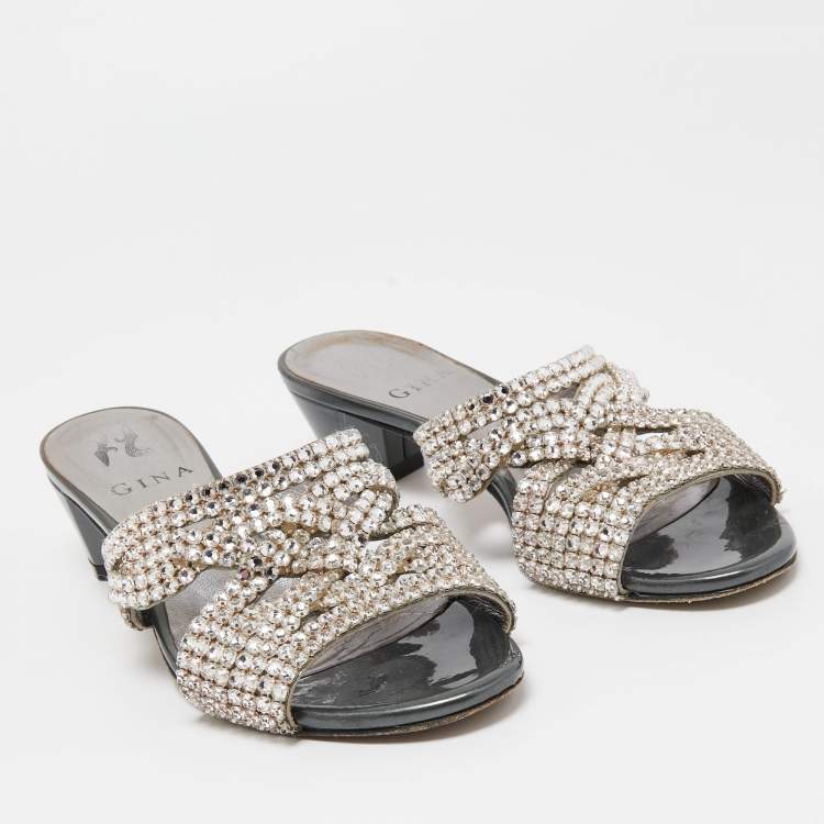 مملوكة مسبقًا Gina Silver/Grey Crystal Embellished Leather Slide Sandals Size 36.5