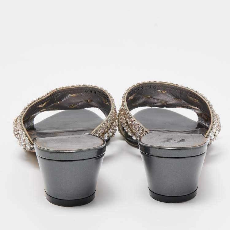 مملوكة مسبقًا Gina Silver/Grey Crystal Embellished Leather Slide Sandals Size 36.5