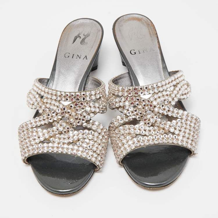 مملوكة مسبقًا Gina Silver/Grey Crystal Embellished Leather Slide Sandals Size 36.5