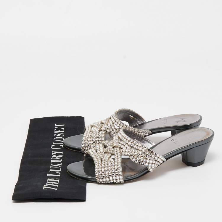مملوكة مسبقًا Gina Silver/Grey Crystal Embellished Leather Slide Sandals Size 36.5